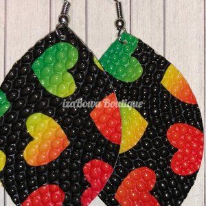 Multicolored Hearts on Black Teardrop Faux Leather Earring   ER2609  Handmade